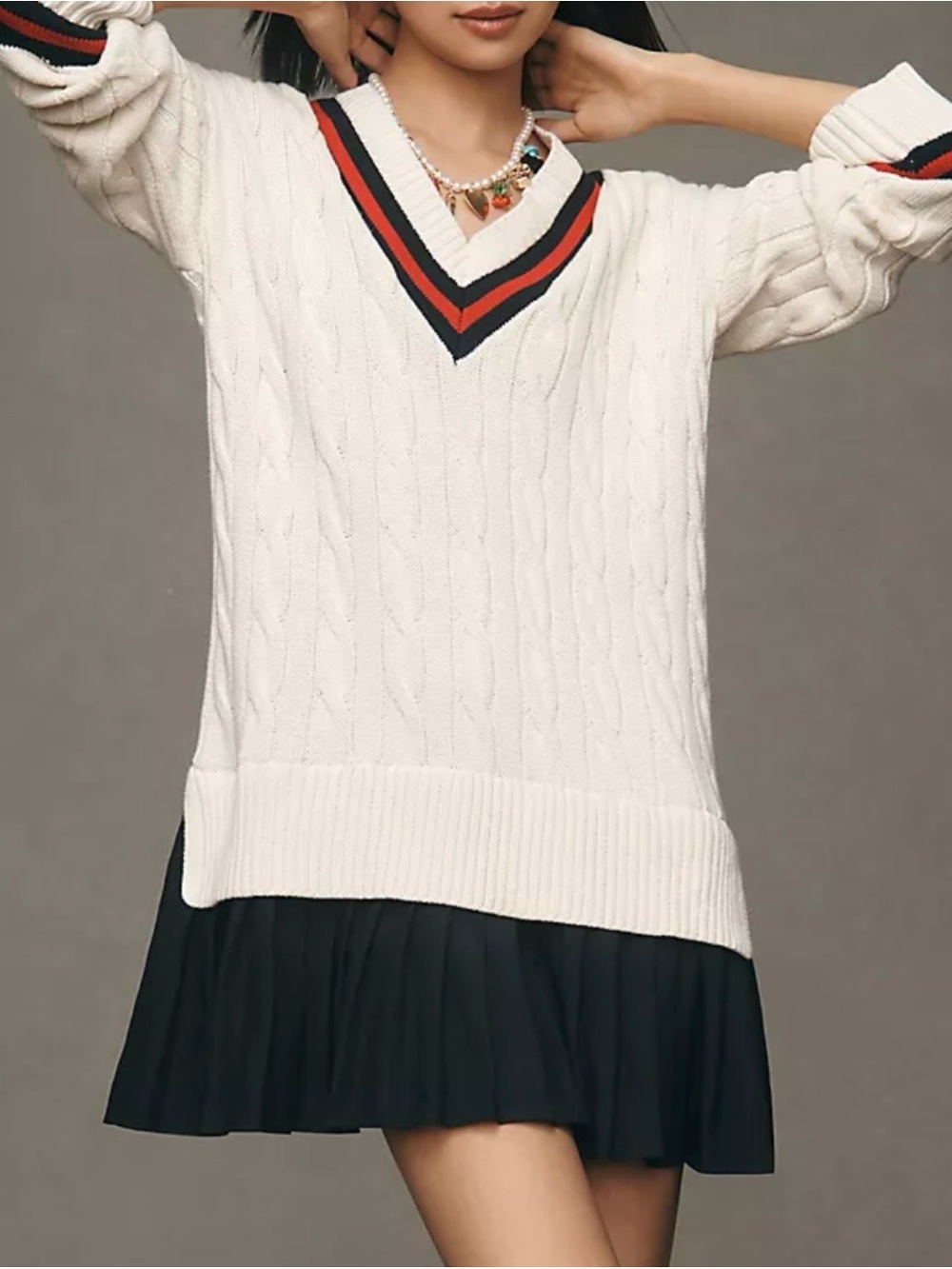 English factory Women’s Cream Cable-Knit V-Neck Sweater with Contrast Trim